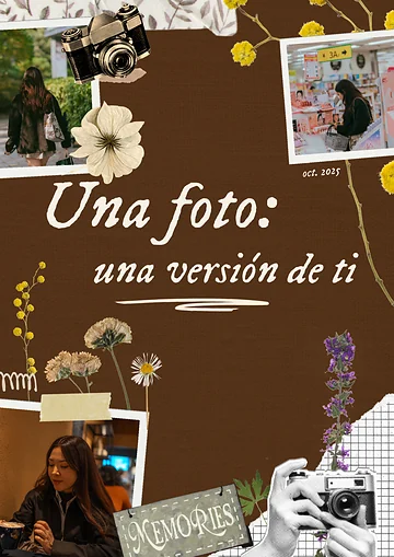 Portada del cuaderno «Una foto: una versión de ti», con fotos de Mariale, flores secas y una cámara antigua.